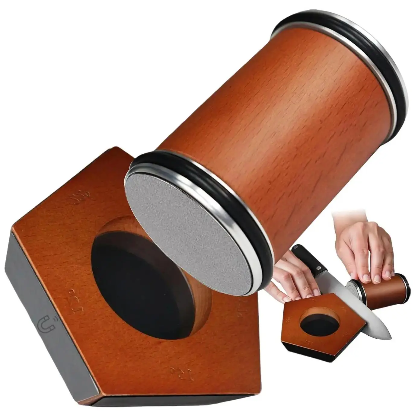 Diamond & Ceramic Disc Rolling Knife Sharpener Set with 15°-20° Angle Options, Nature Wood Grips & Strong Magnets, 5-Sided Magnetic Suction, #400+#1000 Grit, Suitable for High-Carbon Steel Knives & All Steel Hardness, Kitchen Cutting Gadget