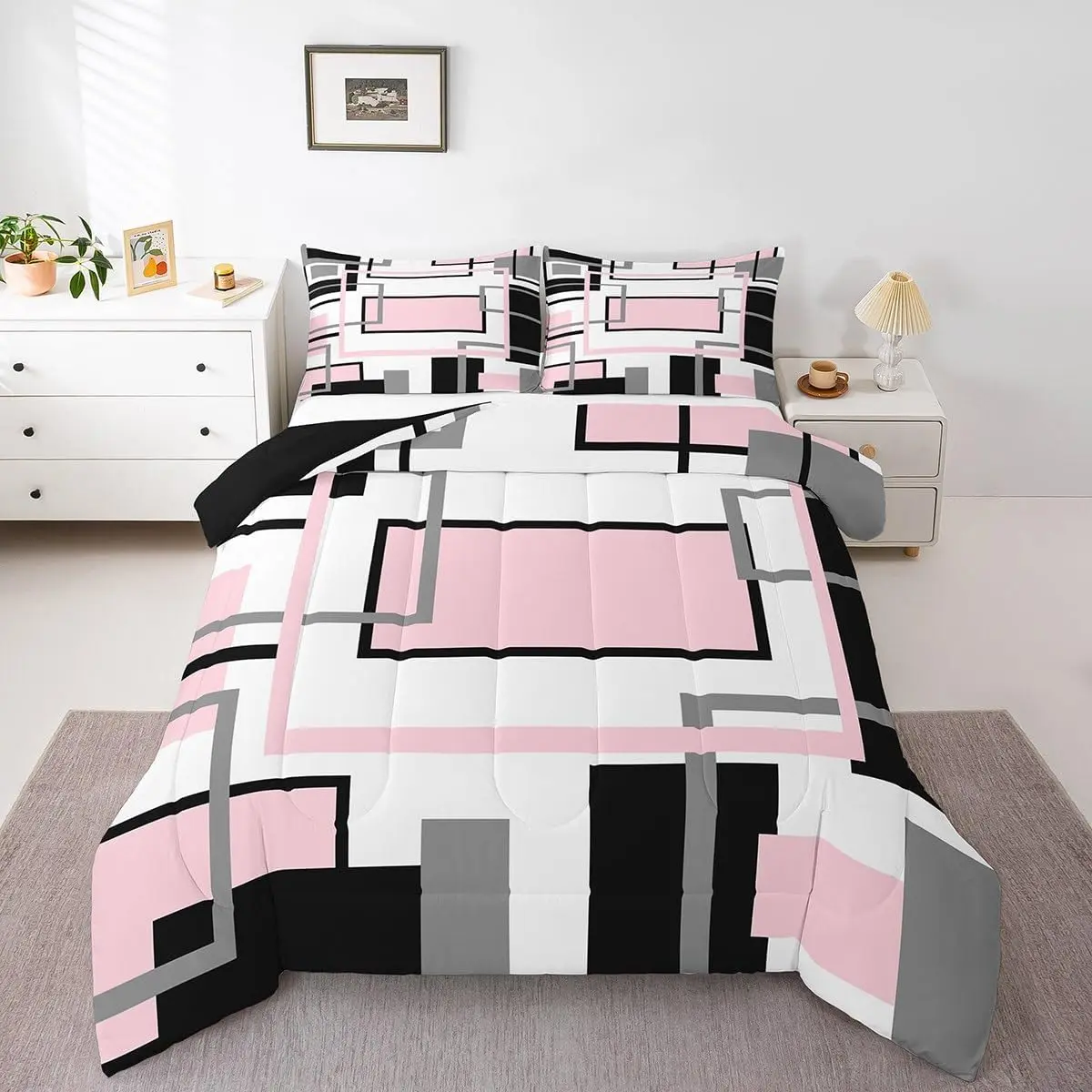 Feelyou Pink and Black Comforter Set - Modern Square Geometric Bedroom Bedding, Mid-Century Minimalist Abstract Duvet Insert, Aesthetic Contemporary Striped Decorative Bedding Set, Bedroom Bedding Set