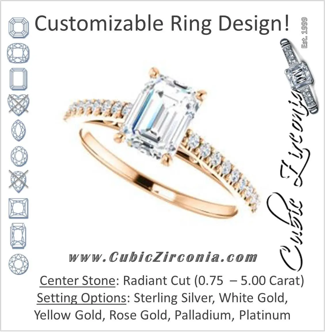 Cubic Zirconia Engagement Ring- The Kiana (Customizable Radiant Cut Design with Decorative Cathedral Trellis and Thin Pavé Band)