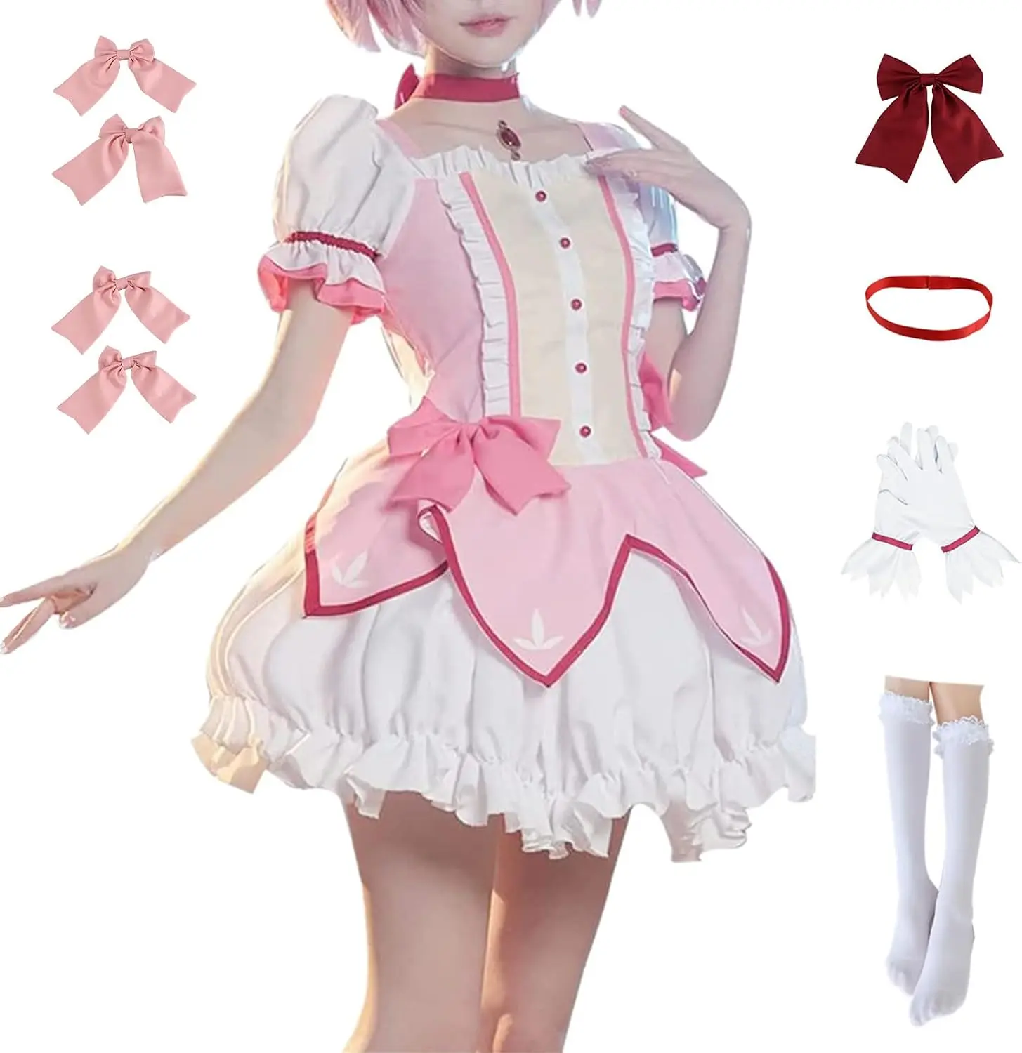 Women Girls Pink Dress Cosplay Costume Anime Uniform Skirt Halloween Outfits with Gloves Socks