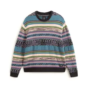 VANS Men's Boyer Ribbed Striped Cotton Crew Round Neck Long Sleeve Knitwear Jumper - Black/Stargazer, Casual Top with Patch Logo Hem