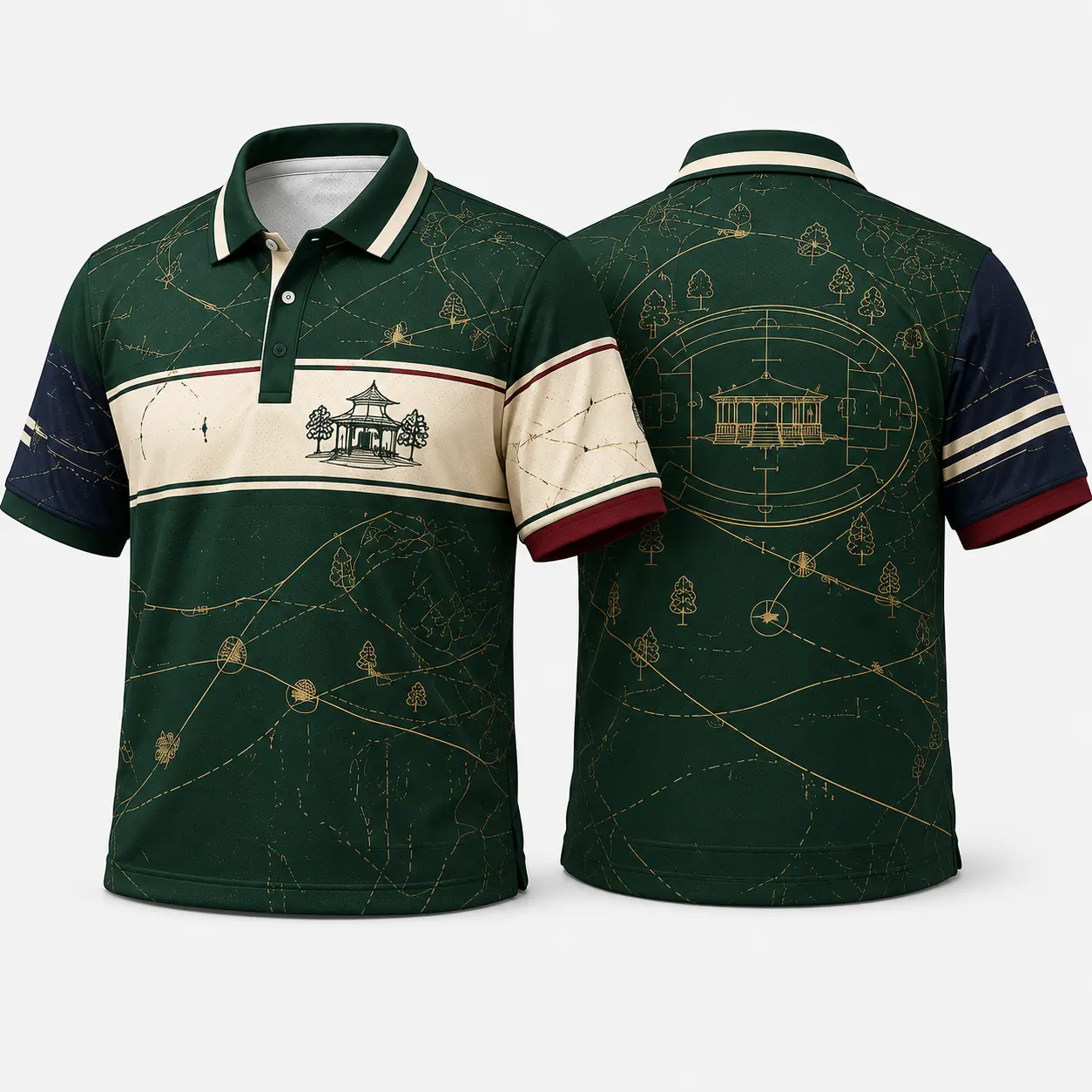 Men’s Navy Stripe Campus Map Polyester Polo Shirt - Short Sleeve, Button Collar, Lightweight Casual Back to School Top (Pair with Polyester Pants & Sneakers), Burgundy