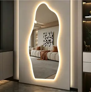 16565H01-Irregular LED Full Length Mirror, Tempered Glass Cloud Shape Body Mirror with Dimmable 3 Color Lights, Wall Mounted/Free Standing Dressing Mirror for Bedroom Living Room