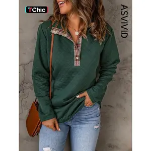 Women's Plaid Patchwork Print Button Front Half Placket Sweatshirt, Casual Long Sleeve Stand Collar Pullover for Fall & Winter, Ladies Clothes for Daily Wear