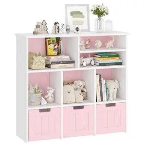 Garvee Multi-Functional Kids Bookshelf and Toy Organizer with 3 Movable Drawers and 6 Cubbies – Wooden Children's Bookcase for Bedroom, Playroom, or Nursery – Modern White and Pink Design