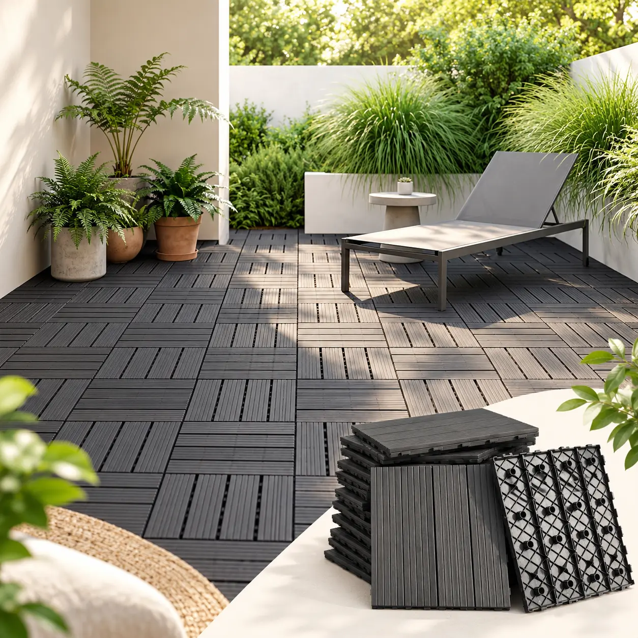 Interlocking Composite Deck Tiles 11.81" x 11.81" Waterproof All-Weather Outdoor Floor Tiles, Wood-Plastic Decking Pavers for Patio, Balcony, Garden, Poolside & Porch