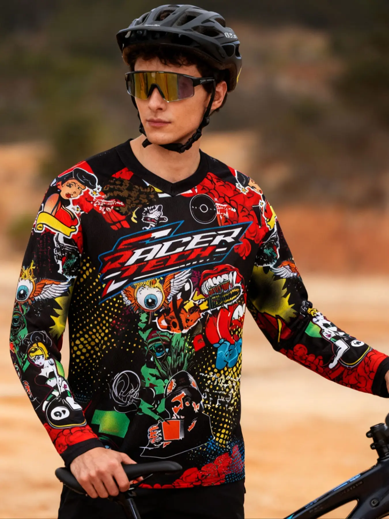 Latest Downhill V Neck Jersey Off-road Motorcycle Mountain Bike Clothing Motorcycle Long Sleeved Sports T-shirt Racing Shirt Men's Bicycle T-shirt Premium Outdoor Apparel Sports Tops