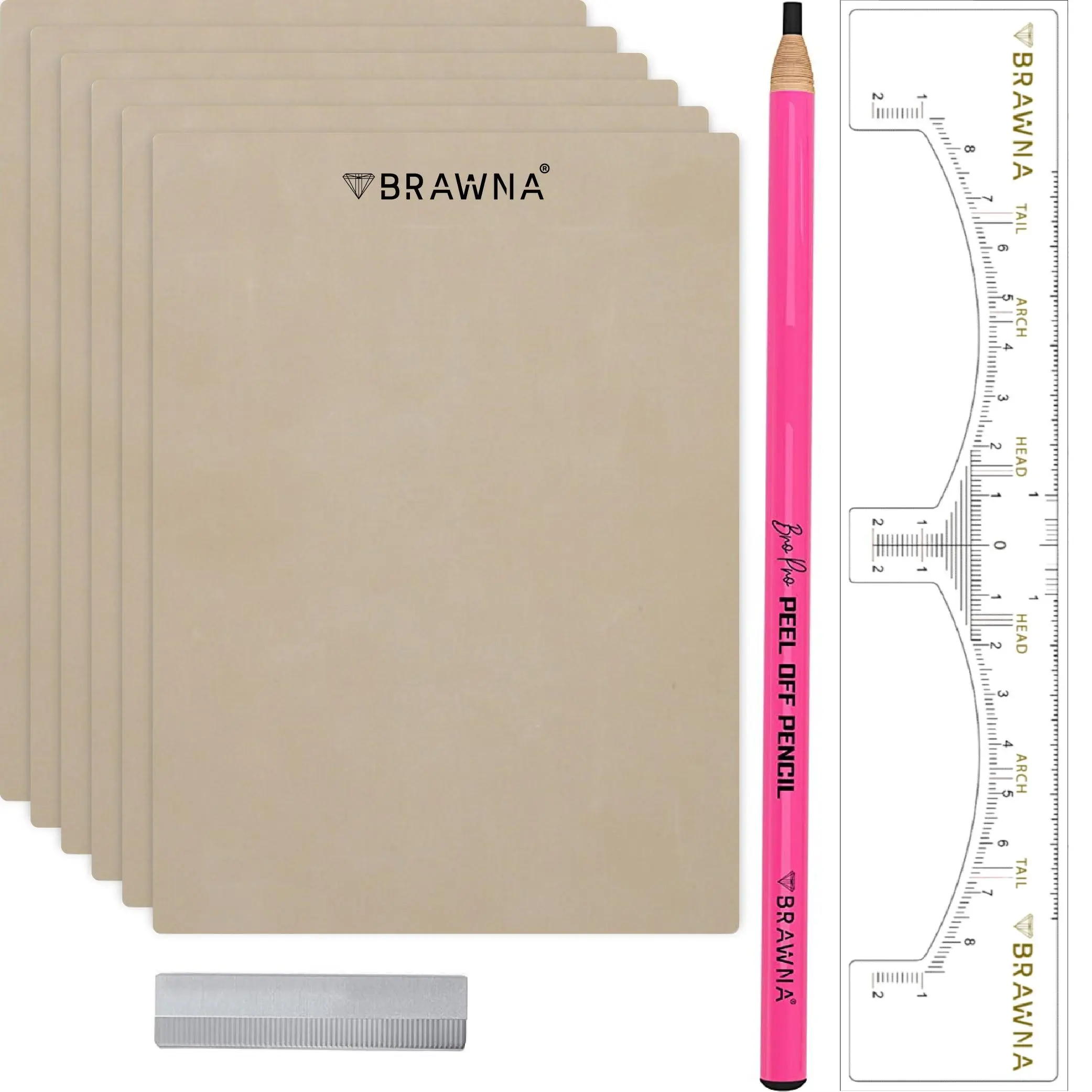 BRAWNA 6 PCS Inkless Double-Sided Practice Skin with PMU Mapping Pencil, Razor Blade Sharpener and Brow Ruler Sticker Assorted Taper Versatile Colorful