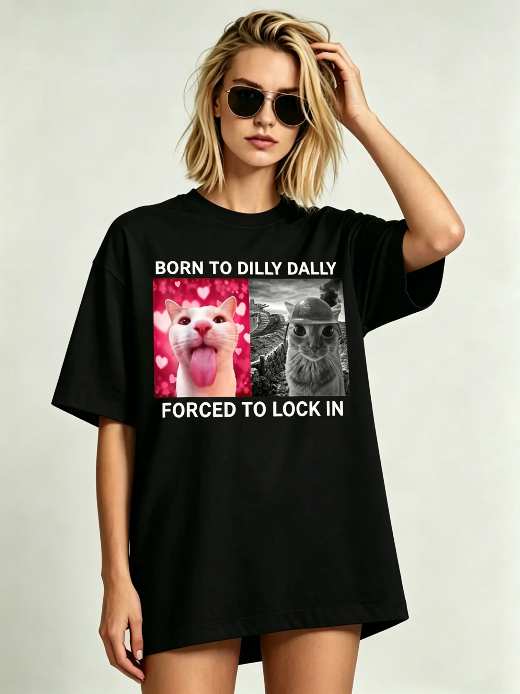 Women's 100% Cotton Streetwear Graphic T-Shirt - Soft, Lightweight, 'Born to Dilly Dally' Funny Cat Meme Print Unisex Top for Casual Day Wear, Birthday