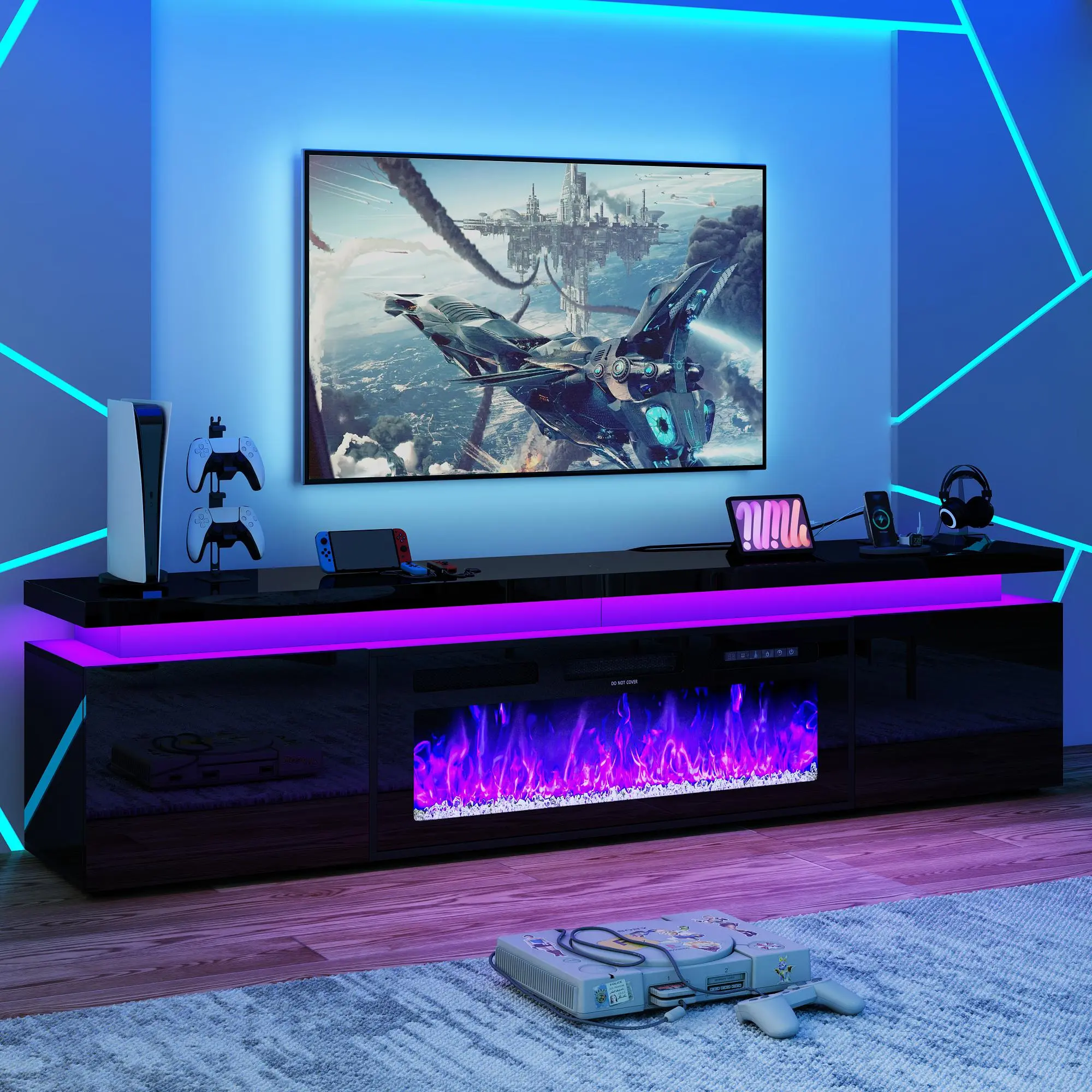 【2Packages Shipping】Fireplace LED TV Stand for 70/75/80/85/90/95/100 inch TV, with 40" / 50" Electric Fireplace & Power Outlet, High Gloss Surface, 2 Storage Cabinet, Modern Style for Living Room (83 Inch/71 Inch/91 Inch, White/Black)