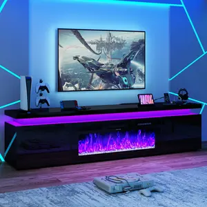 【2Packages Shipping】Fireplace LED TV Stand for 70/75/80/85/90/95/100 inch TV, with 40" / 50" Electric Fireplace & Power Outlet, High Gloss Surface, 2 Storage Cabinet, Modern Style for Living Room (83 Inch/71 Inch/91 Inch, White/Black)