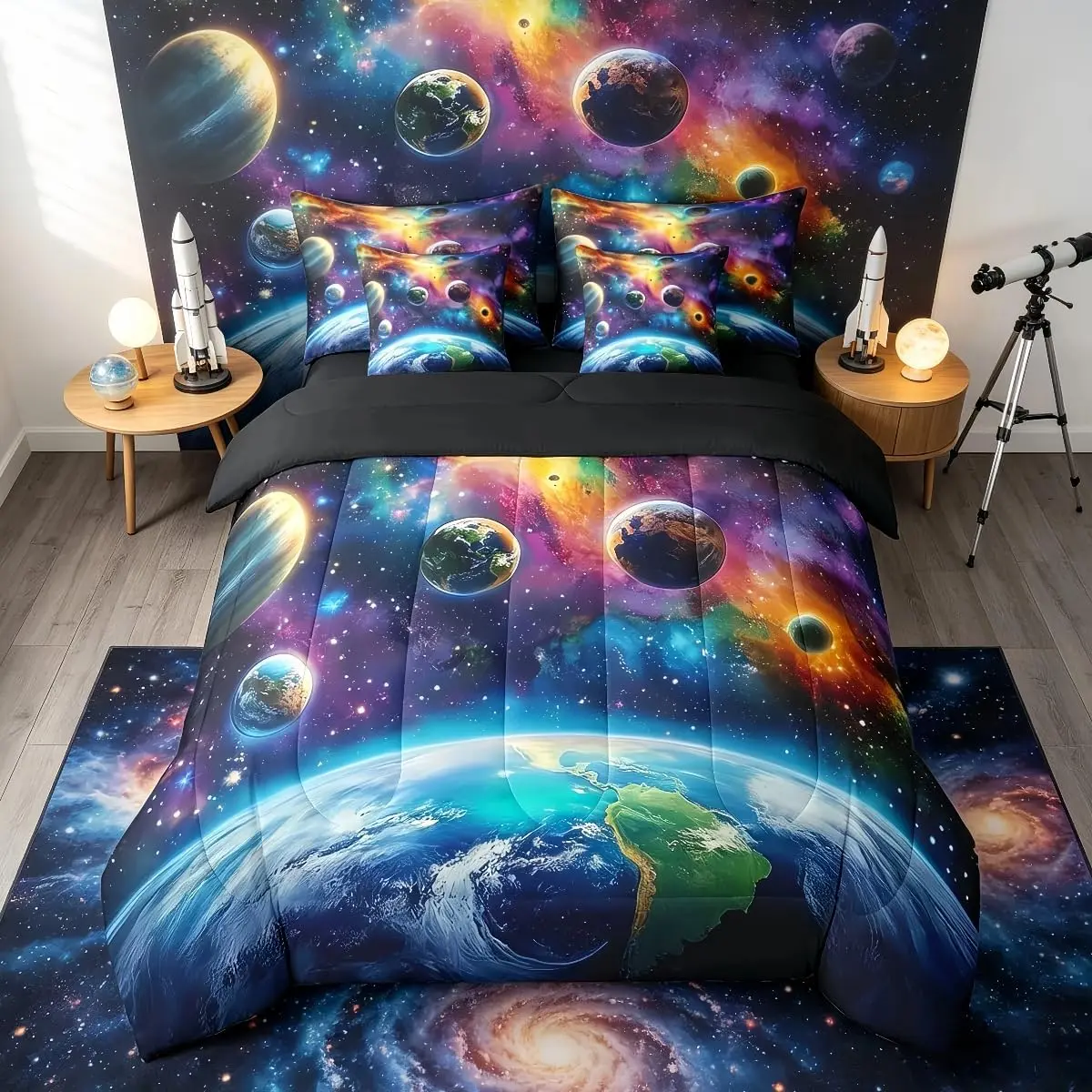 Universe Galaxy Comforter Set with Sheets Planets Earth 7 Pieces Bedding Set Solar System Bed in a Bag Breathable Outer Space Bed Set Nebula,back to school,back to school shopping,home decor