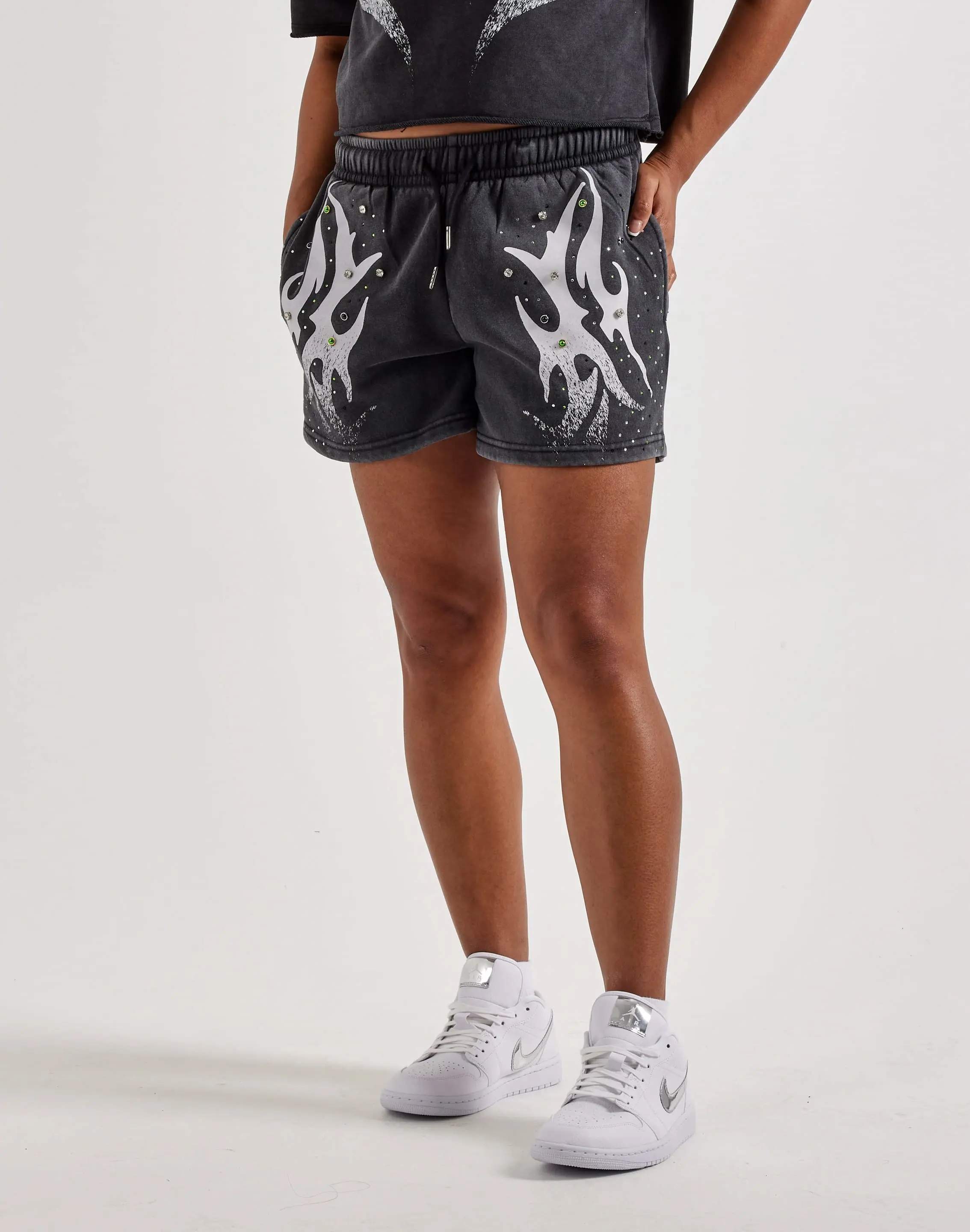 Womens Red Fox Vintage Wash Fleece Rhinestone Shorts