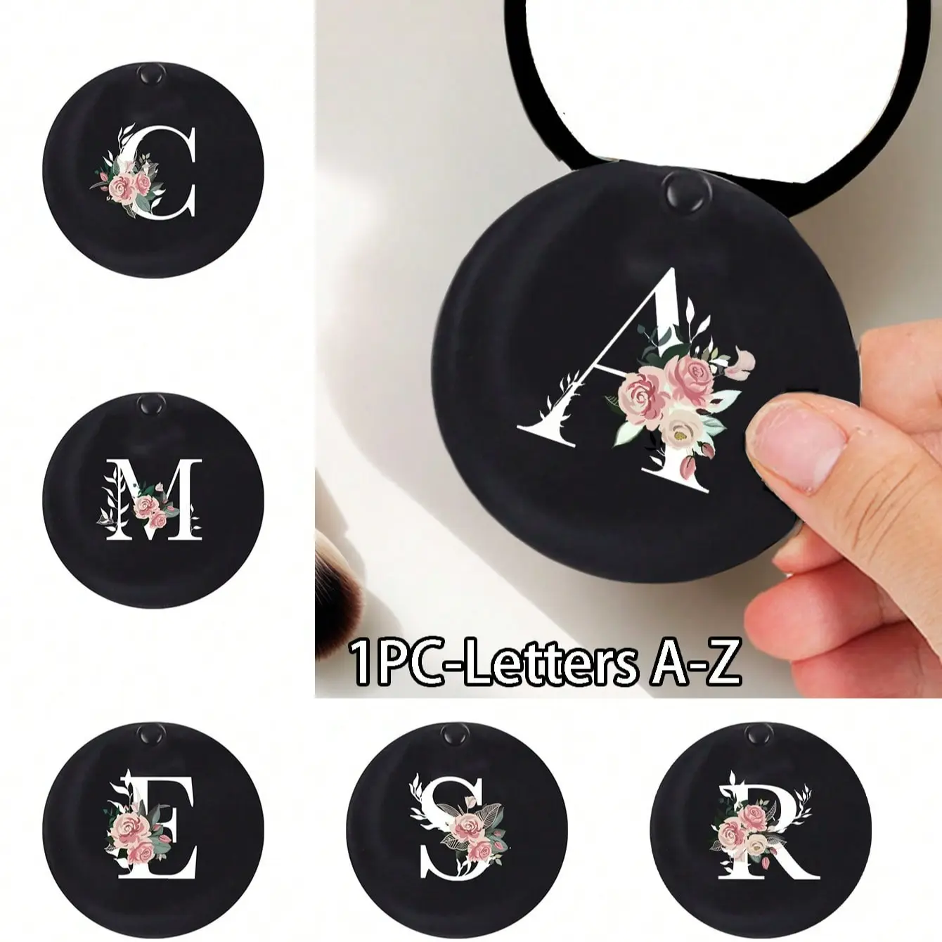Stylish Black Round Mirror With Floral Initials - Designer Travel Accessories,Convenient Sliding Mini Mirror,Plastic Material, Wear-Resistant And Durable, Lightweight, Pocket Mirror, Mini Makeup Mirror,New Design,Suitable For Men And Women, Couples, For D