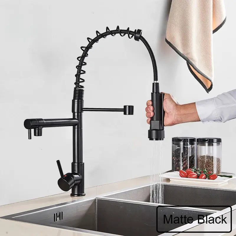 Matte Black Brass Pull-Down Kitchen Sink Faucet - High Arc, Hot & Cold Water Mixer Tap with Dual Spout, 360-Degree Rotation, Deck Mounted, High Arc Faucet
