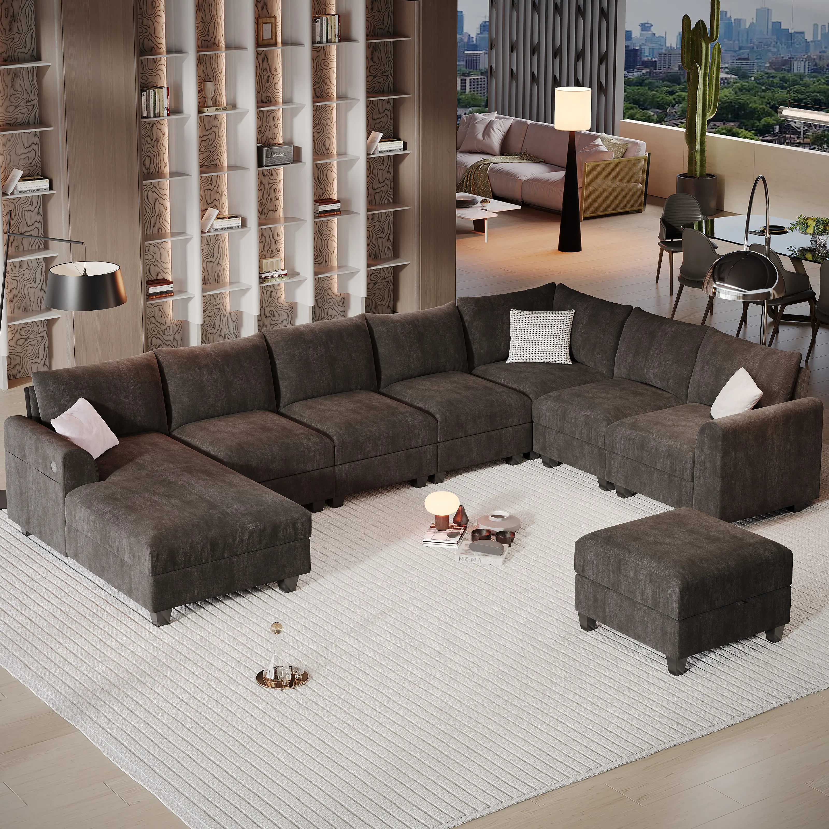 147.2" Modular L-Shaped Chenille Sectional Sofa with Chaise, Built-in USB Charging Port, Foam-Filled Corner Couch with Storage Ottoman for Living Room