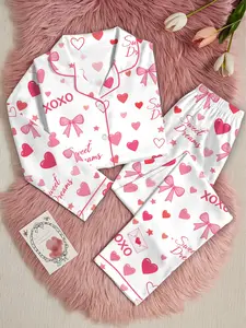 Valentine Heart Satin Pajama Set, Pink XOXO Button Up Sleepwear, Romantic Cozy PJs Gift for Her