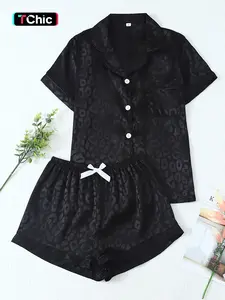 Women's 2-Piece Satin Leopard Print Pajama Set, Collared Short Sleeve Top with Pockets, Bow Shorts, Casual Home Wear, Loungewear