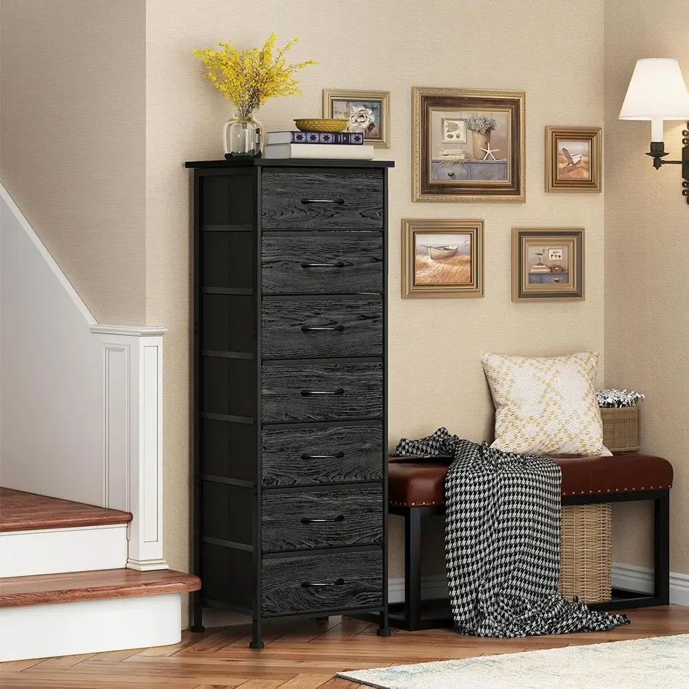 6-Drawer Tall Fabric Bin Dresser with Wood Top & Metal Frame - Clothing Storage Cabinet, Drawer Organization Unit with Anti-Tip Safety Design, Easy Setup for Quick Use & Assembly Required, Bedroom Closet Organizer Nightstand-Style Storage Tower