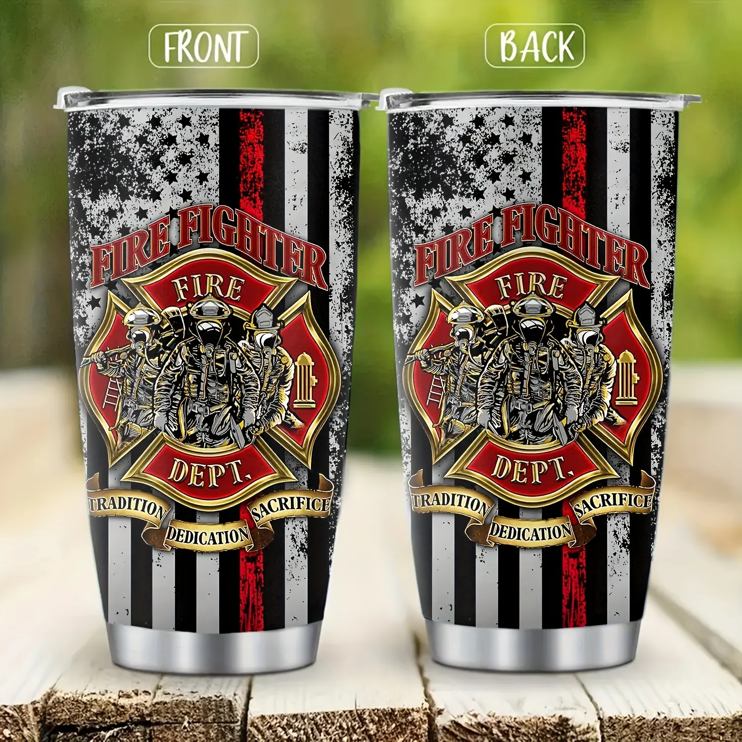 Firefighter Gift for Men 20oz Insulated Tumbler, Thin Red Line Fireman Travel Mug, Fire Dept Appreciation Coffee Cup