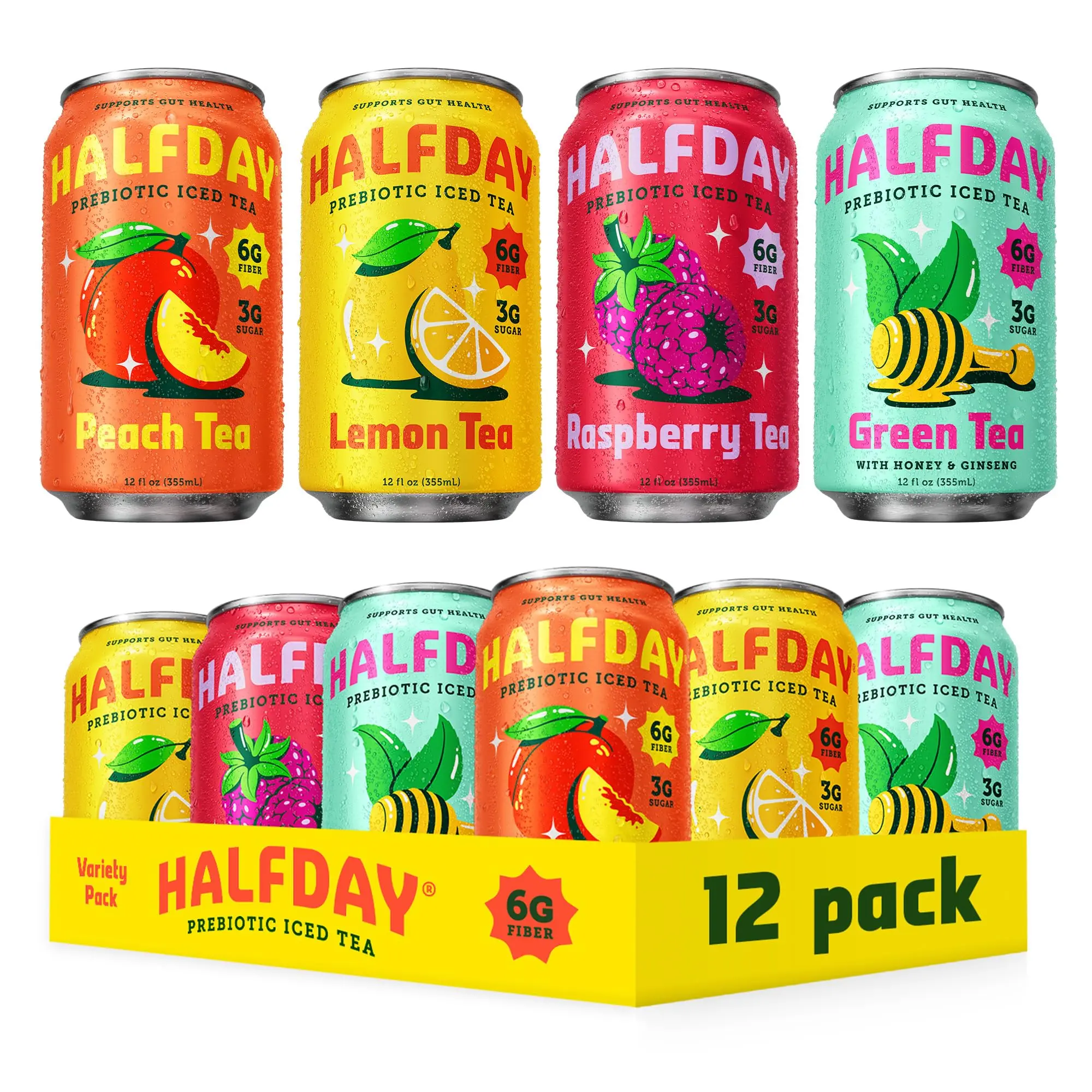 HALFDAY Prebiotic Iced Tea Can, 12 fl oz (12 Pack)