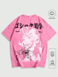 100%Cotton  Streetwear Graphic Tee, Loose Fit Short Sleeve Top, Gothic Spider Web Print, Long Clothing, All-Over Stars Design