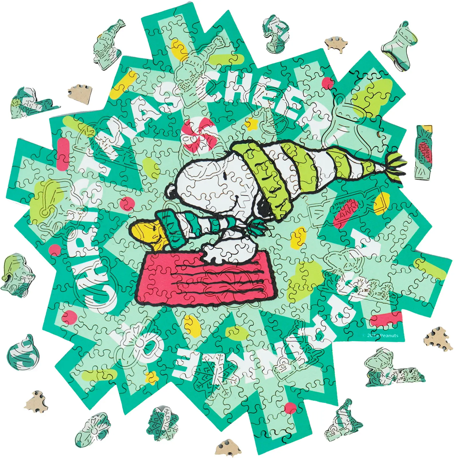 Peanuts Snoopy Puzzle – Christmas Cheer – Wooden Puzzles for Adults, 200 Pieces Irregular Shaped Jigsaw Puzzles, Precision Laser Cut, 5MM Thick, Officially Licensed Merchandise, 11" x 11"