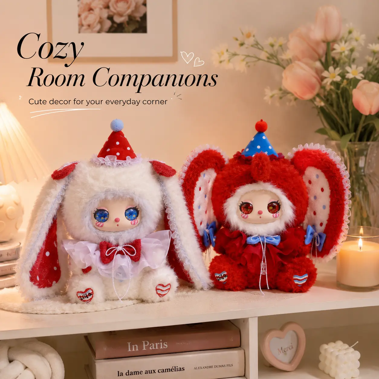 Lila’s Twin Party 10th Anniversary Plush Doll, Cute Collectible Art Toy with Party Hat, Soft Bunny & Elephant Character Decor for Bedroom, Birthday Gift and Display