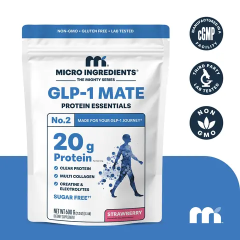 Micro Ingredients GLP-1 Mate Protein Essentials | 20g Protein, Multi Collagen Peptides, Creatine & Electrolytes | Supports Muscle Retention, Hair & Skin Health — Sugar Free, Natural Strawberry Flavor (30 Servings)
