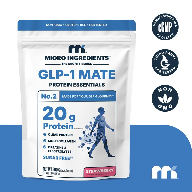 Micro Ingredients GLP-1 Mate Protein Essentials | 20g Protein, Multi Collagen Peptides, Creatine & Electrolytes | Supports Muscle Retention, Hair & Skin Health — Sugar Free, Natural Strawberry Flavor (30 Servings)