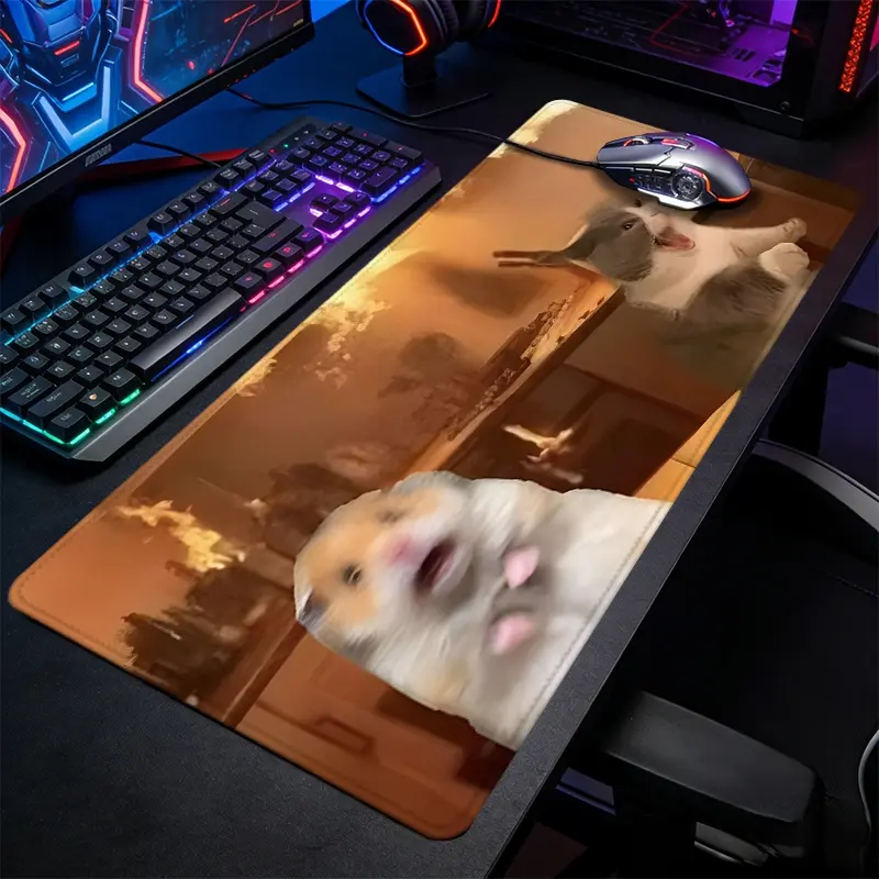 1pc Funny Hamster Meme Art Large Gaming Mouse Pad, Cute Pet Relatable Decor Extended Desk Mat,Office Desk Accessories Non-Slip Stitched Edge Computer Mat,Rubber Base Laptop Keyboard Pad for Home Office & Gamer,Durable and Spill-Resistant,Ideal Gift
