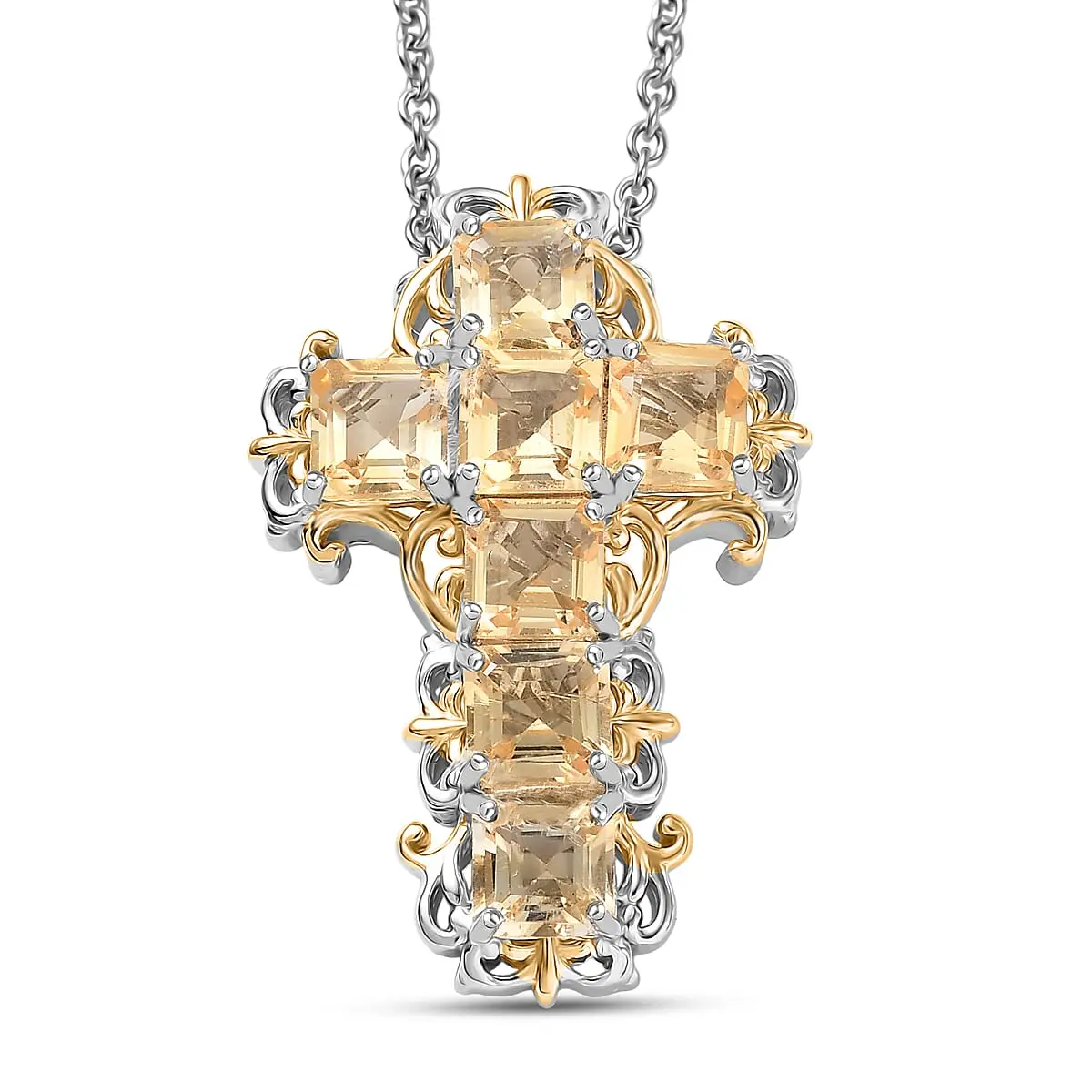 EverTrue Brazilian Citrine Cross Pendant in 18K YG Plated and Platinum Bond with Stainless Steel Necklace (20 Inches) 4.65 ctw