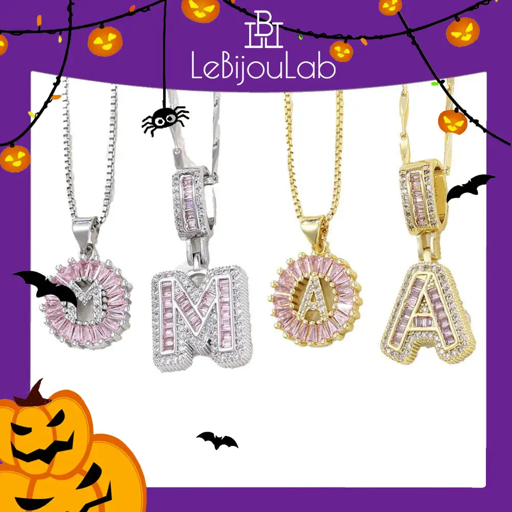 [LeBijouLab] Pink Accent 2-Piece Initial Letter Necklace Set – Golden/Silver with Sparkling Cubic Zirconia | Dainty Bubble Letter Design for Women, Ic