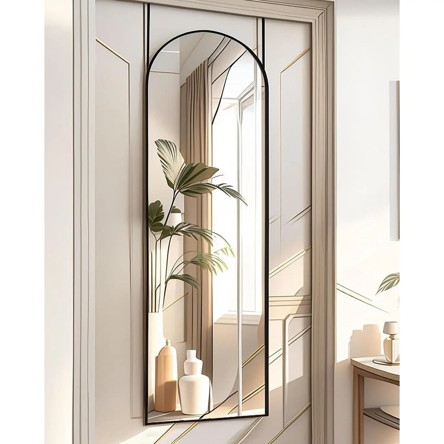 Full Length Mirror Over The Door, 14"x 48" Arched Vertical Wall Mirror for Full , Hanging Door Mirror, Black