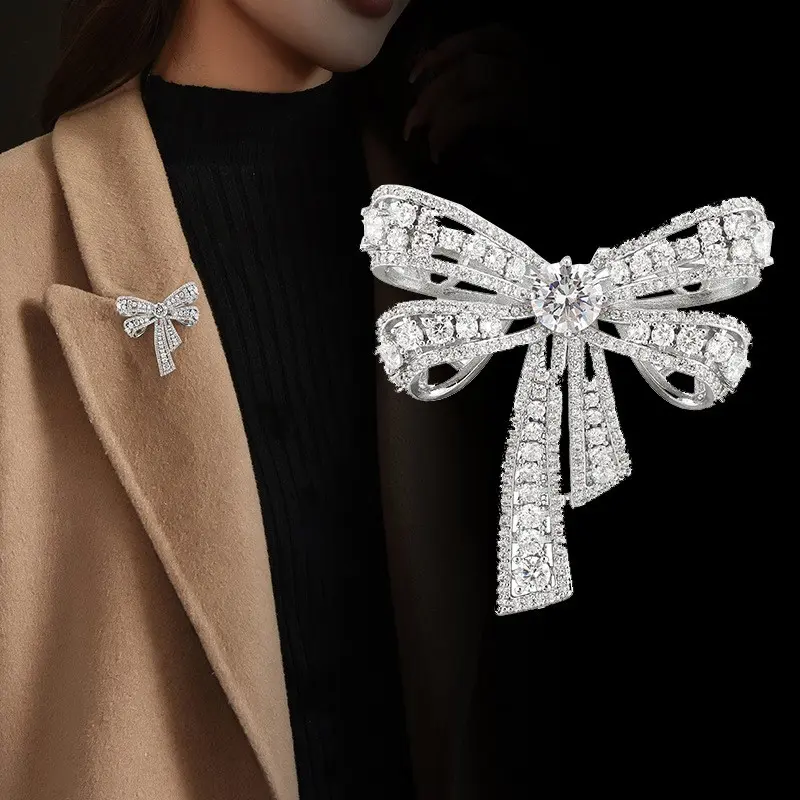 1 pc Elegant Zircon Bow Brooch, High-End Fashion Lapel Pin, Simple Luxury Accessory, Bling Stylish Accessory, Perfect Gift for Women