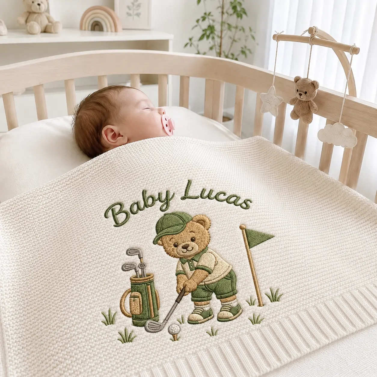 [Made-to-Order] Personalized Tennis Bear Embroidered Baby Blanket, Custom Name Sports Knit Blanket, Woodland Nursery Keepsake, Baby Shower Gift
