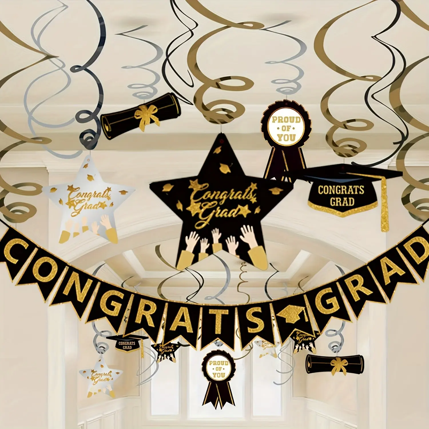 Graduation Hanging Swirl Banner Black and Gold Graduation Party Decorations 2026 Set We Are So Proud of You Banner Grad Hanging Swirls with Pomp Poms Class of 2026 Congrats Grad Graduation Party Supplies