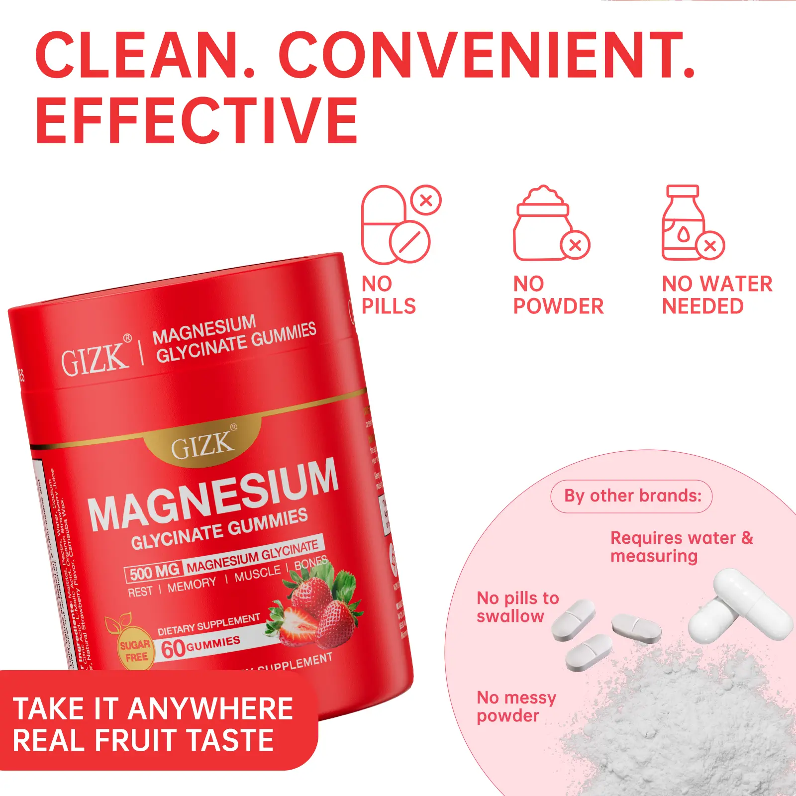 Magnesium Glycinate Gummies, Sugar Free Vegan Supplement, Supports Relaxation & Healthy Sleep, Relief for Night Muscle Cramps, Natural Strawberry Flavor, 60 Count Red