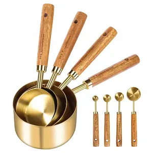 4 Piece/8 Piece Measuring Cups and Spoons, Food Measuring Tool, Kitchen Utensils Set, Kitchen Gadgets, Kitchenware, High-Quality Maple Wood Handle, Metric Measurements, Stainless Steel, Perfect for Cooking & Baking