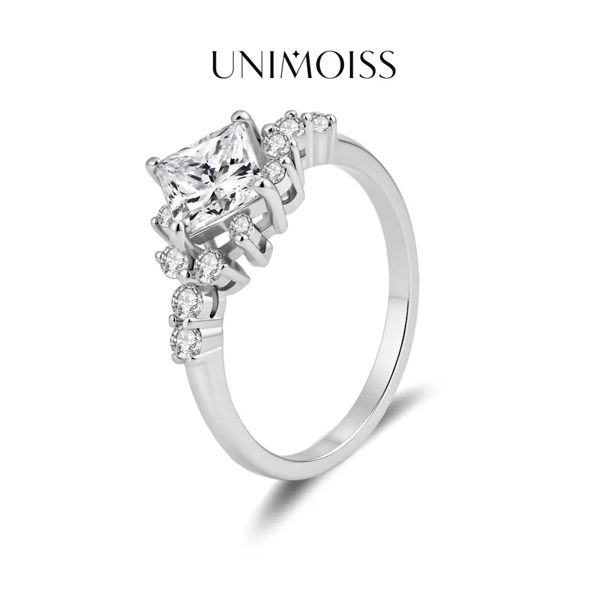 UniMoiss 1ct Moissanite Cluster Ring, Vintage Starburst Princess Elegant Silver-Plated Engagement Ring for Women, Ideal Wedding Anniversary Gift Fashion Jewelry, Elegant Ring