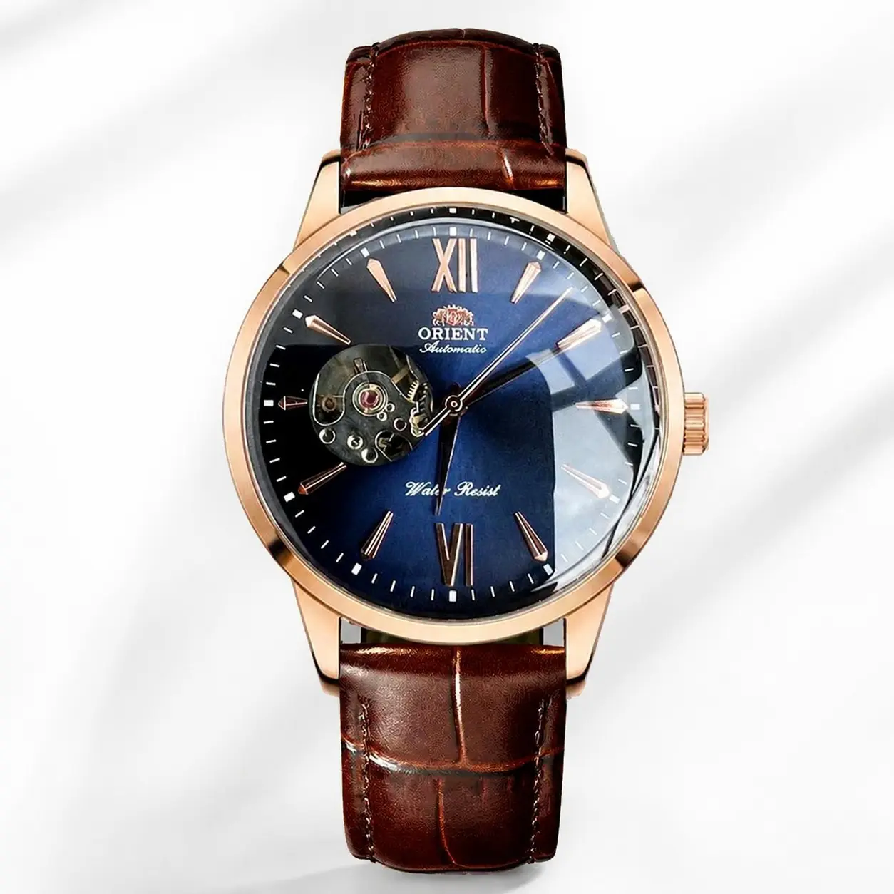 Orient Open Heart Automatic Male Watch - 41.5mm Rose Gold Case, Roman Numeral Dial, Genuine Brown Leather Strap, Skeleton Mechanical Movement, Water Resistant, Elegant Dress Business Everyday Wear Wristwatch, Ideal Gift For Gentlemen