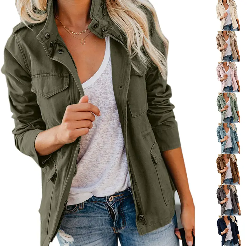 Fessceruna Womens Military Jacket Zip Up Snap Buttons Lightweight Utility Anorak Field Safari Coat Outwear