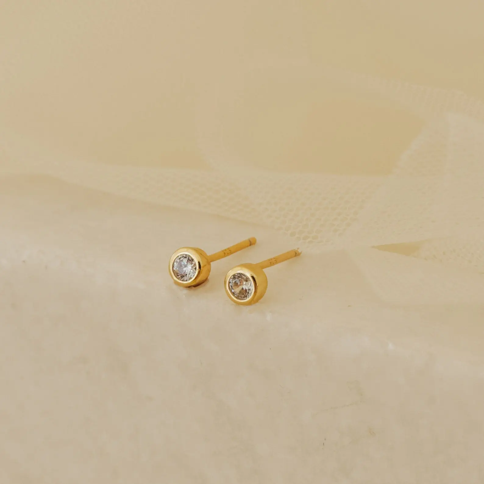 Jane Diamond Studs by Caitlyn Minimalist - Dainty Round Bezel Stud Earrings in Gold & Silver - Everyday Second Hole Earrings - Crystal Jewelry - Mom Gift