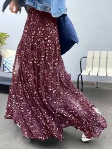 Women's floral A-line skirt, high-waisted casual loose vacation elegant design patchwork flare skirt, long skirt for autumn and winter, suitable for Christmas, daily wear, vacation, parties, wearable in all seasons, Street Fashion skirt