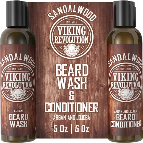 Viking Revolution Beard Wash & Beard Conditioner Set (5oz) - Softens & Strengthens - Various Scents - Hair Care Kit Gentle Daily Daily Shiny Shampoo