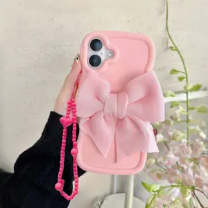 Cute Macaron Large Bow Phone Case with Chain, Compatible with iPhone 15-11 Plus Pro Max & Samsung S21-S24 Fe Ultra Series, Casing