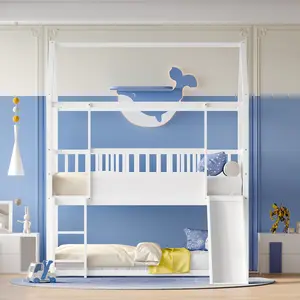 Twin Over Twin House Bunk Bed with Convertible Slide and Ladder, Floor Bunk Bed with Safety Guardrail, Wood Kids Bed Frame for Bedroom, Children's Sleeping Furniture, Space-Saving Design, Easy Assembly, Bedroom Furniture for Bedroom
