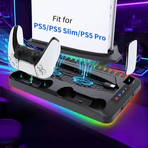 Cooling Station for Ps5/Slim/Pro Disc & Digital Playstation 5 Vertical Stand Organizer with Dual Controller Charger,16 Game Slots,7 Rgb,3 Level Cooler Fan,3 Usb Ports,Headset & Remote Holder (Black)