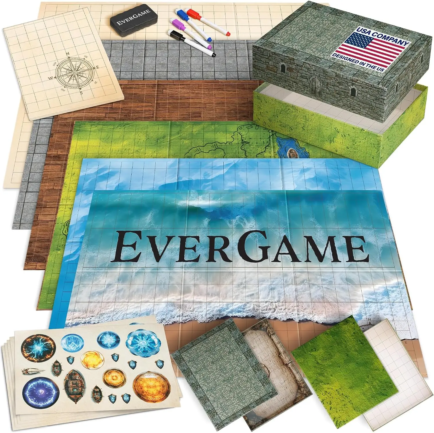 10 DND Game Mats + More - Includes 6 Dungeons and Dragons Board Game Battle Maps - 1" Square Grid - Huge Size 22x26-4 3D Battle Arenas, 140+ Reusable Stickers, 4 Markers & Eraser - by EverGame
