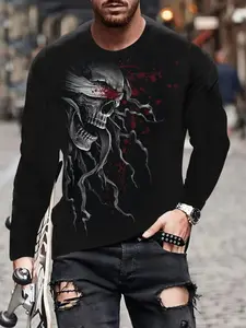Men's Casual Streetwear Fitted Long Sleeve T-Shirt, Skull Print Pattern, Polyester Fabric, Comfortable & Breathable, Perfect for Halloween